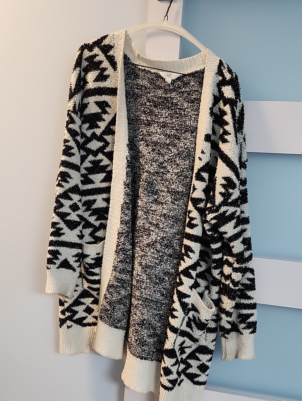 Time and Tru Black and Cream Aztec Open-Front Cardigan